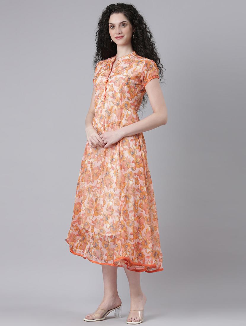 women floral print mandarin neck fit & flared dress - 21727984 - Standard Image - 1