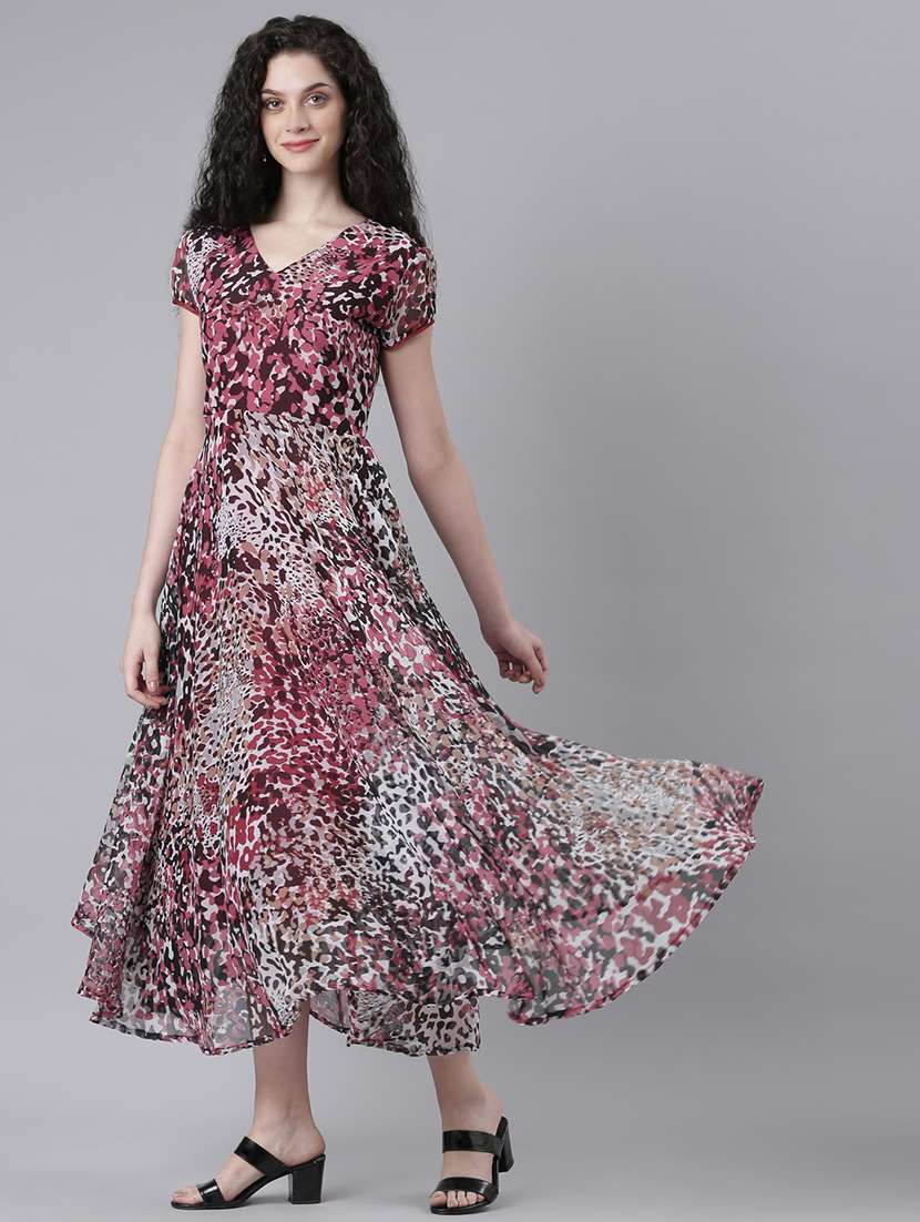 women printed short sleeves fit & flared dress - 21727985 - Standard Image - 1