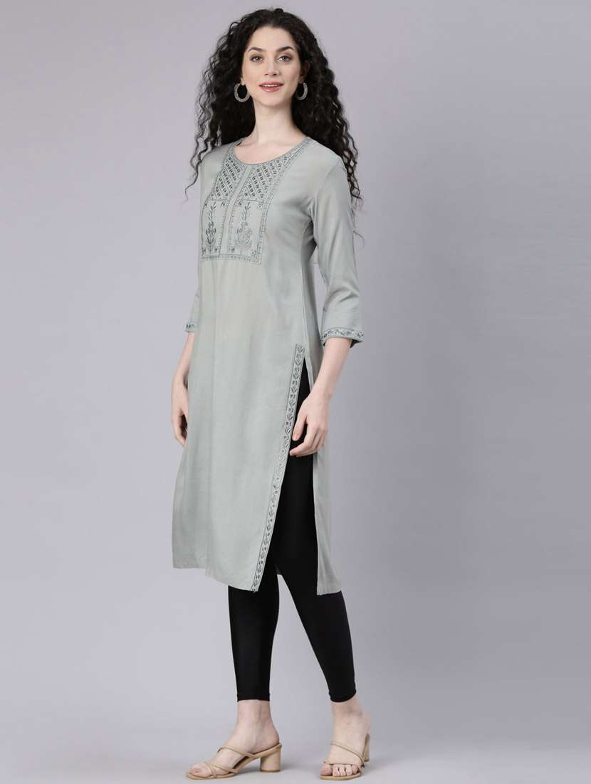 women grey three quarter sleeve straight kurta - 21728028 -  Standard Image - 1
