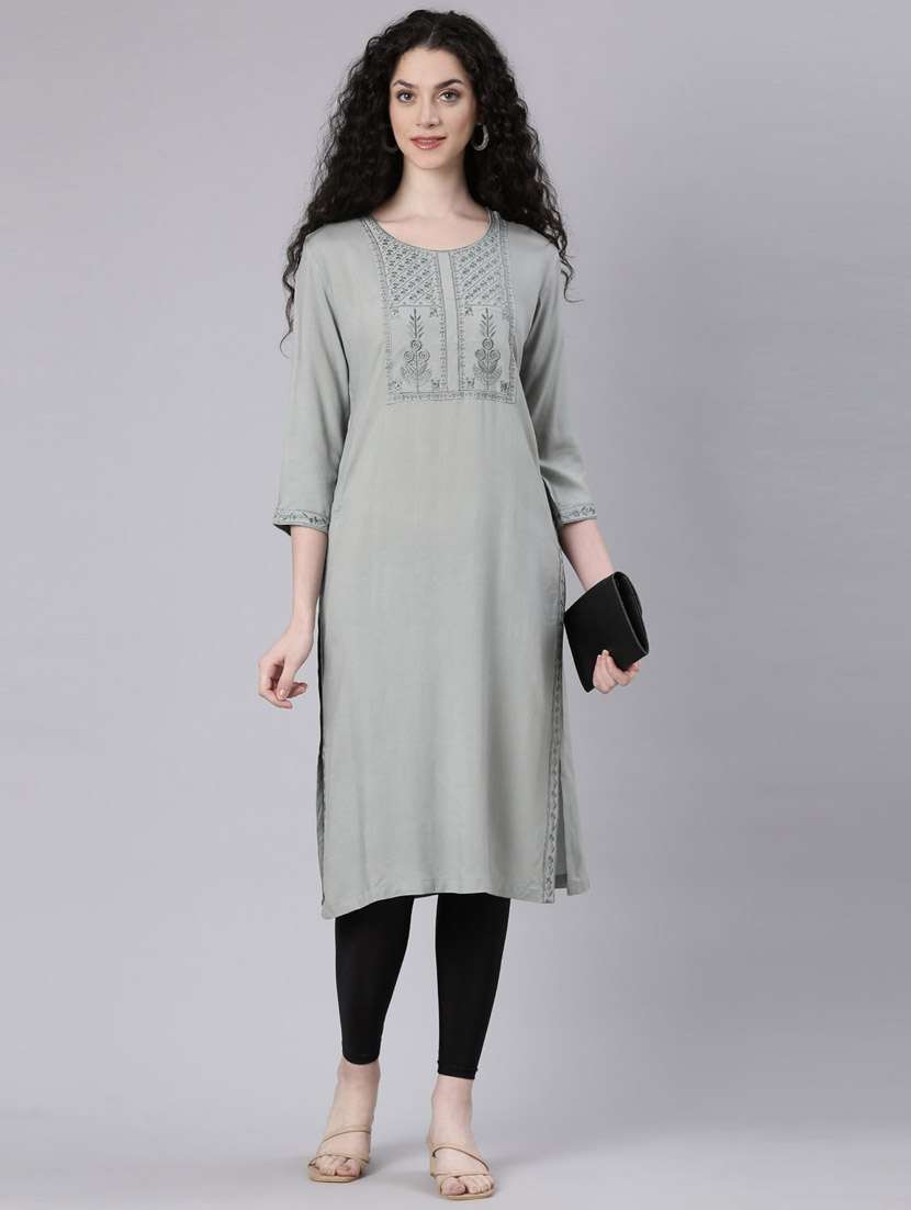 women grey three quarter sleeve straight kurta - 21728028 -  Standard Image - 4