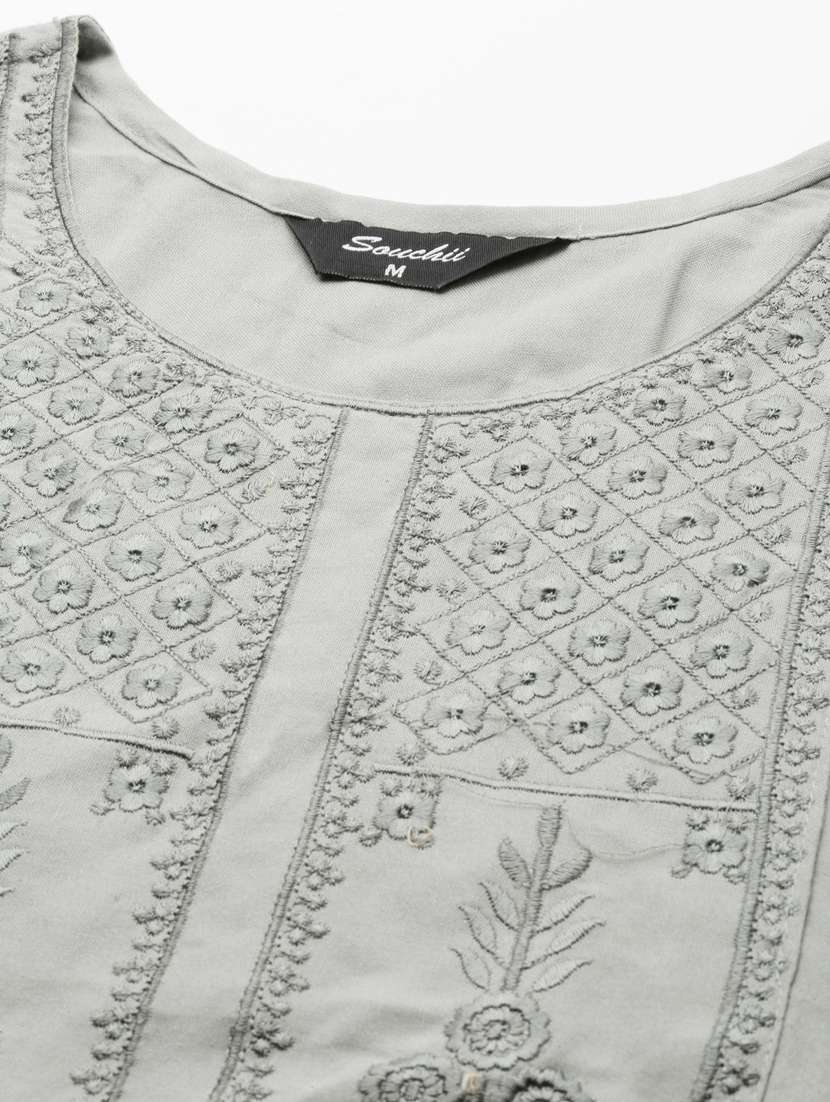 women grey three quarter sleeve straight kurta - 21728028 -  Standard Image - 6