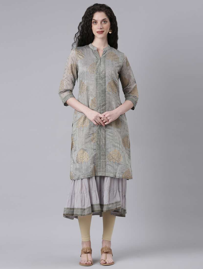 women grey printed three quarter sleeve layered kurta