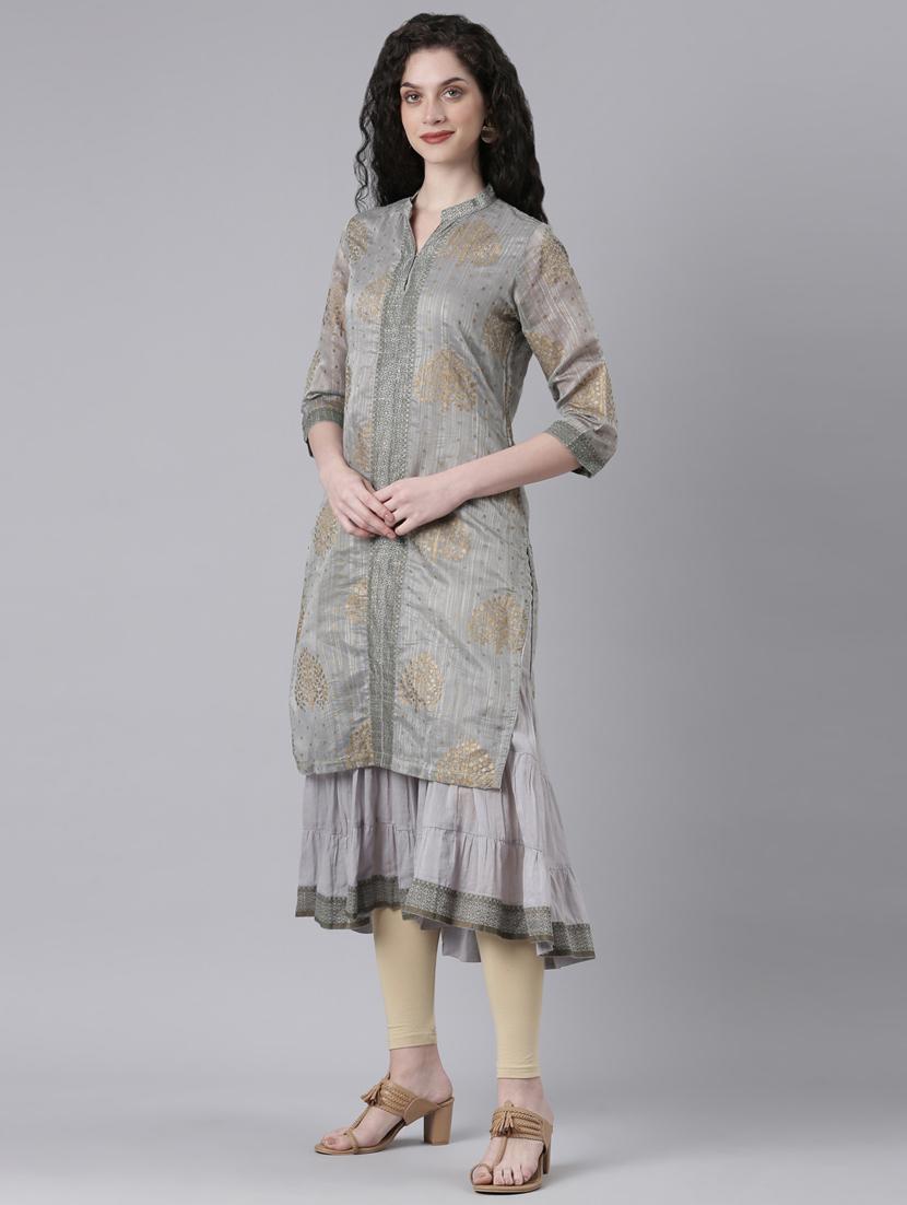 women grey printed three quarter sleeve layered kurta - 21728030 - Standard Image - 1
