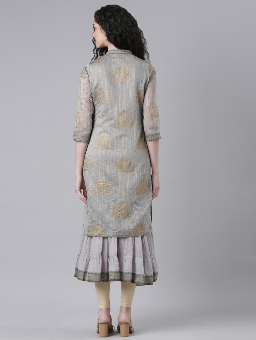 women grey printed three quarter sleeve layered kurta - 21728030 - Standard Image - 4