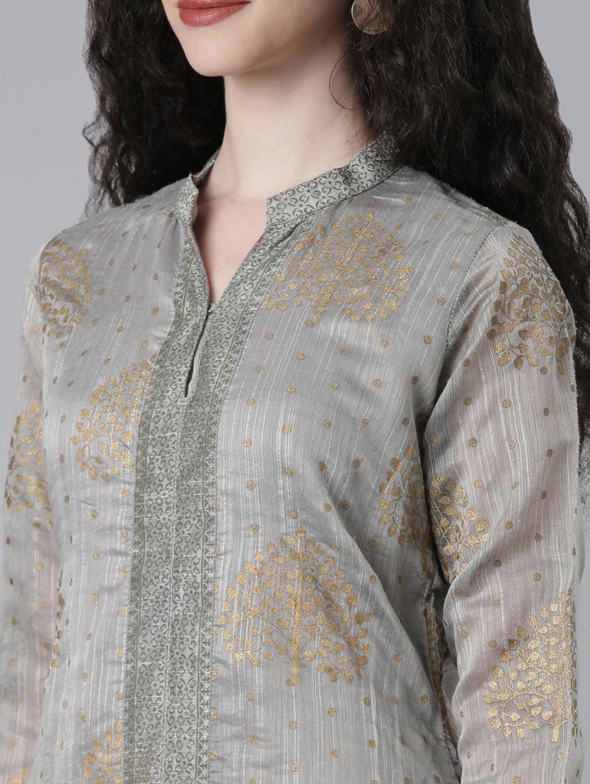 women grey printed three quarter sleeve layered kurta - 21728030 - Standard Image - 6
