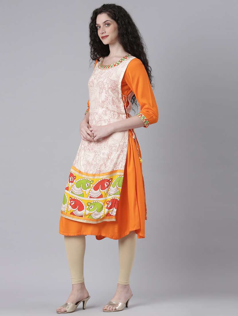 women orange printed three quarter sleeve layered kurta - 21728032 -  Standard Image - 1