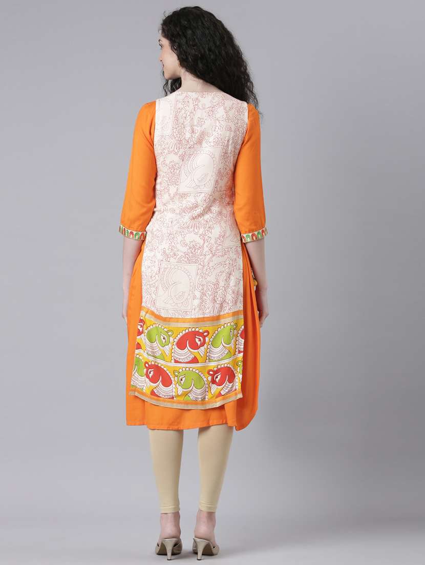 women orange printed three quarter sleeve layered kurta - 21728032 -  Standard Image - 4