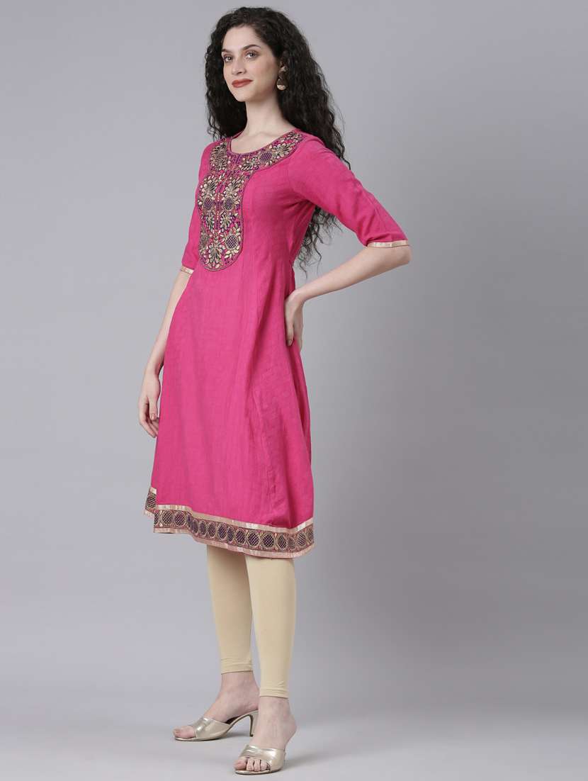 women pink embroidered round neck a-line kurta - 21728033 -  Standard Image - 1