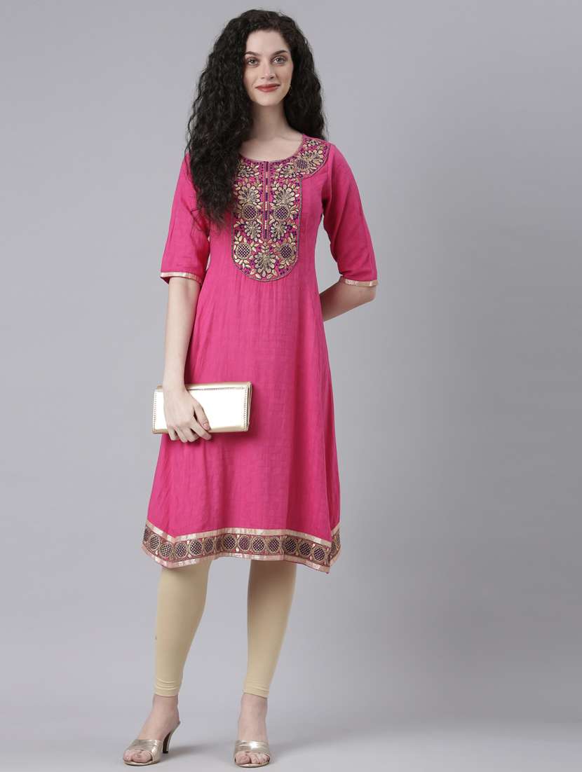 women pink embroidered round neck a-line kurta - 21728033 -  Standard Image - 4