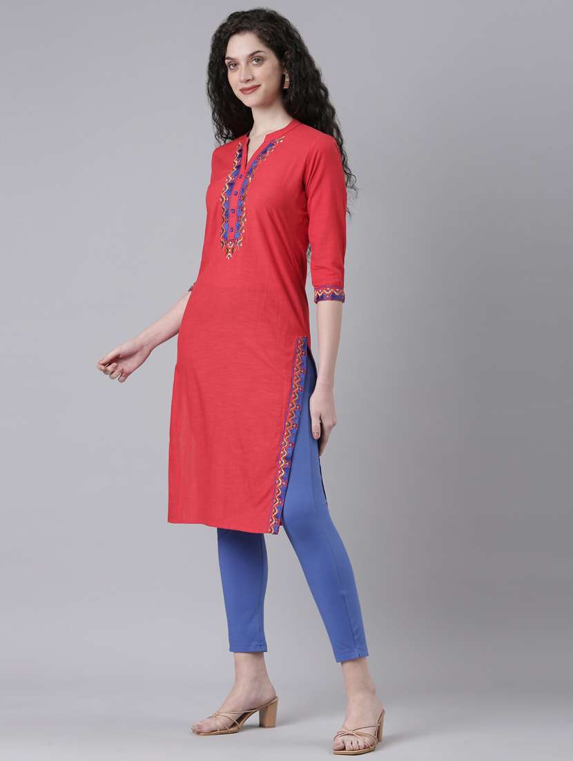 women red three quarter sleeve straight kurta - 21728035 -  Standard Image - 1
