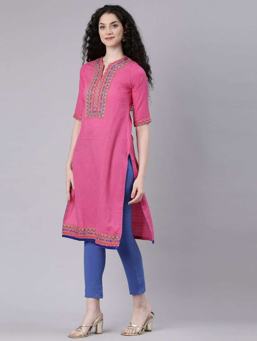 women pink three quarter sleeve straight kurta - 21728036 -  Standard Image - 1