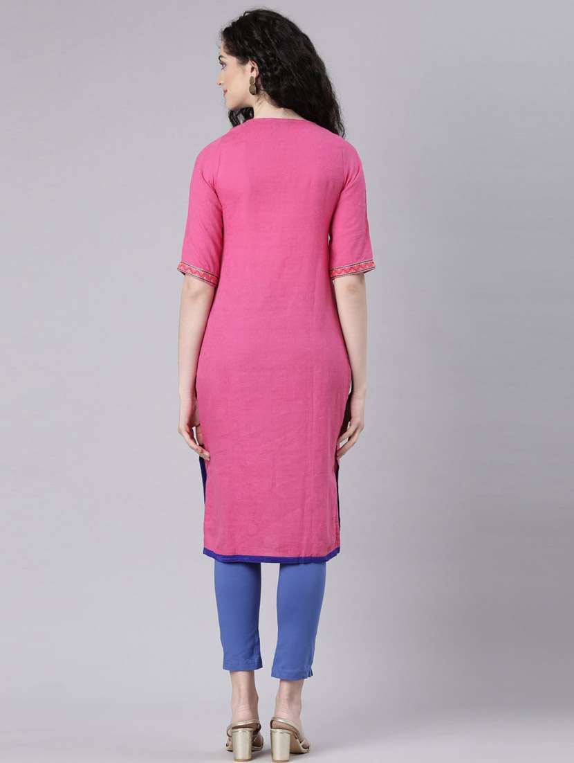 women pink three quarter sleeve straight kurta - 21728036 -  Standard Image - 4