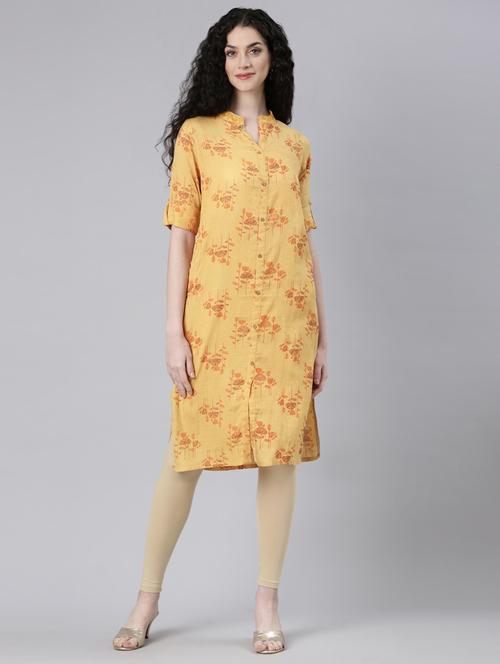 women yellow floral roll up sleeve straight kurta - 21728037 -  Standard Image - 0