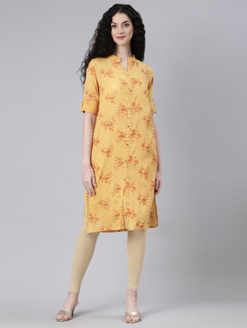 women yellow floral roll up sleeve straight kurta - 21728037 -  Zoom Image - 0