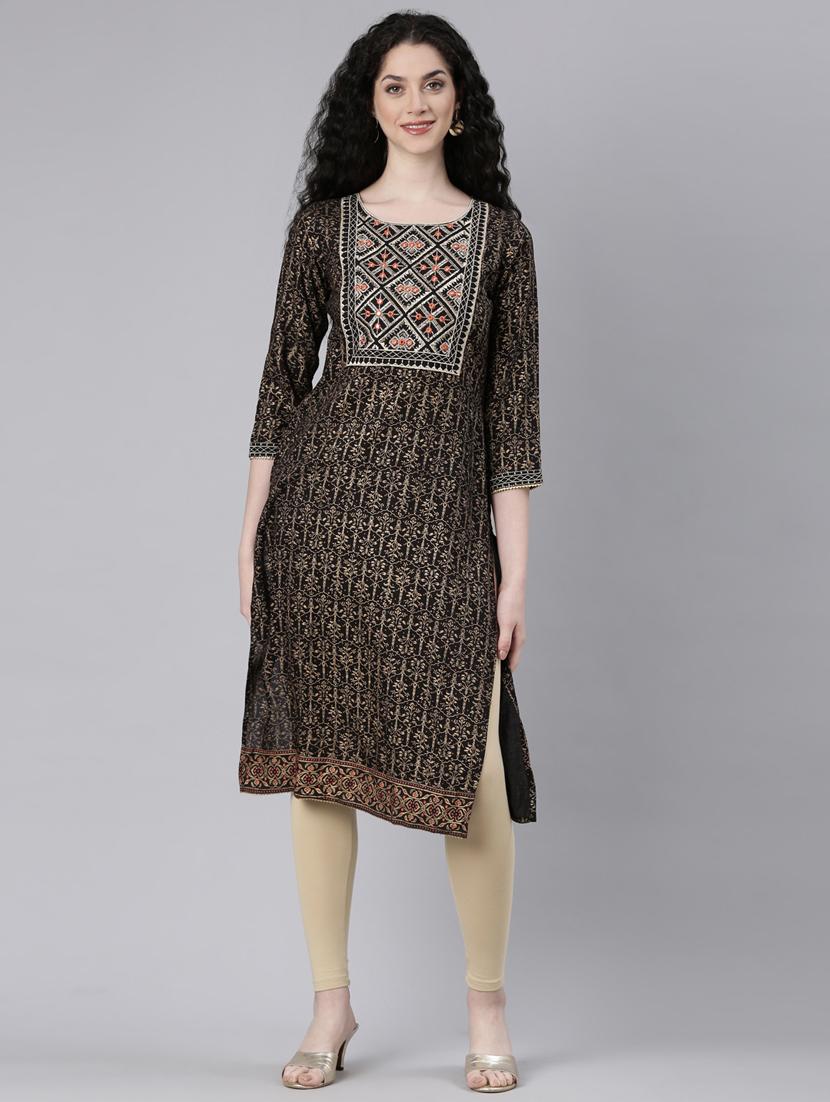 women black three quarter sleeve straight kurta - 21728038 - Zoom Image - 0