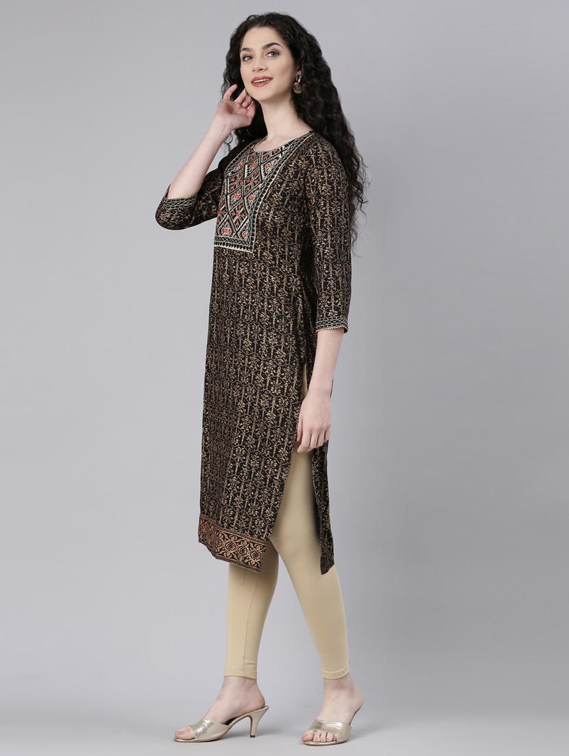 women black three quarter sleeve straight kurta - 21728038 - Standard Image - 1