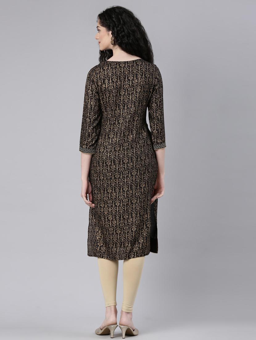 women black three quarter sleeve straight kurta - 21728038 - Standard Image - 4