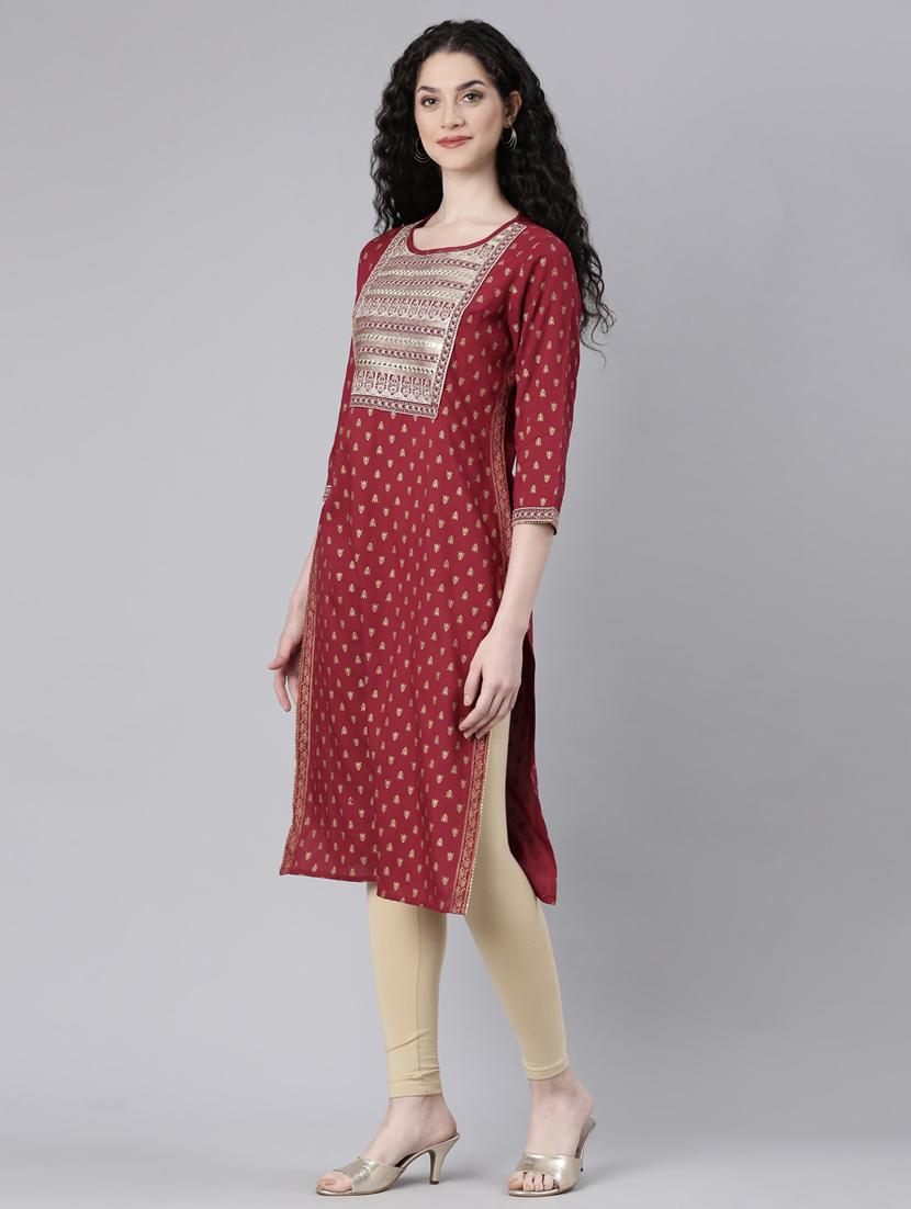 women maroon three quarter sleeve straight kurta - 21728040 - Standard Image - 1