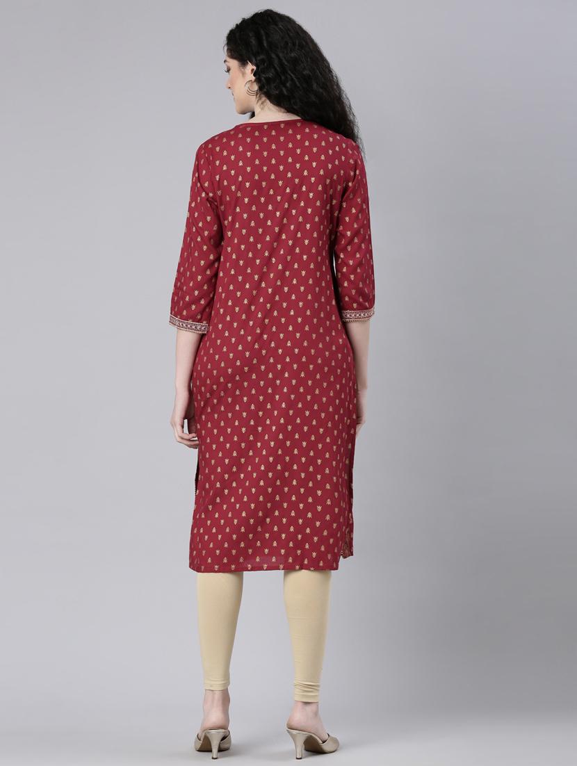 women maroon three quarter sleeve straight kurta - 21728040 - Standard Image - 4