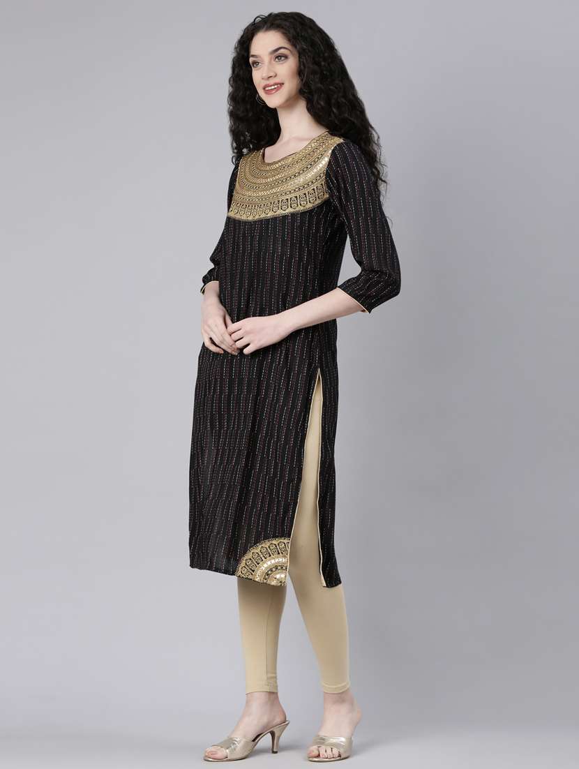 women black three quarter sleeve straight kurta - 21728041 -  Standard Image - 1