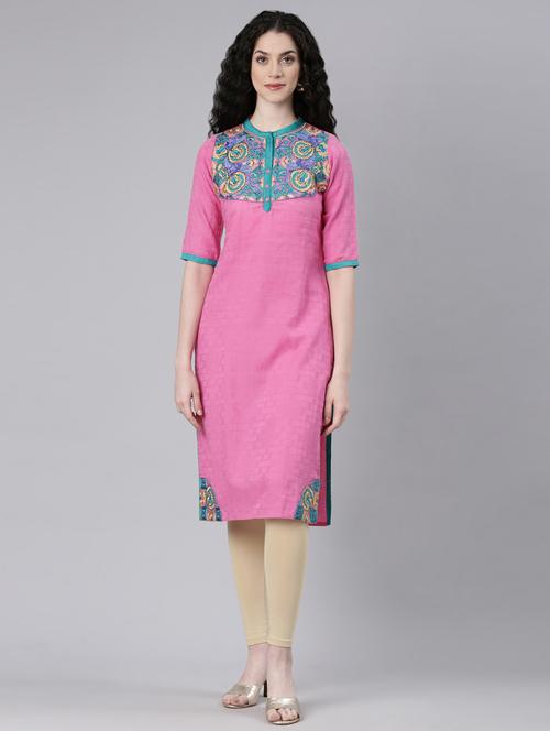 women pink embroidered three quarter sleeve straight kurta - 21728042 -  Standard Image - 0