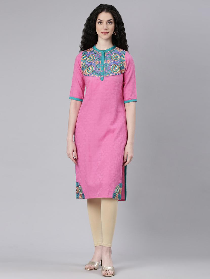 women pink embroidered three quarter sleeve straight kurta - 21728042 -  Zoom Image - 0