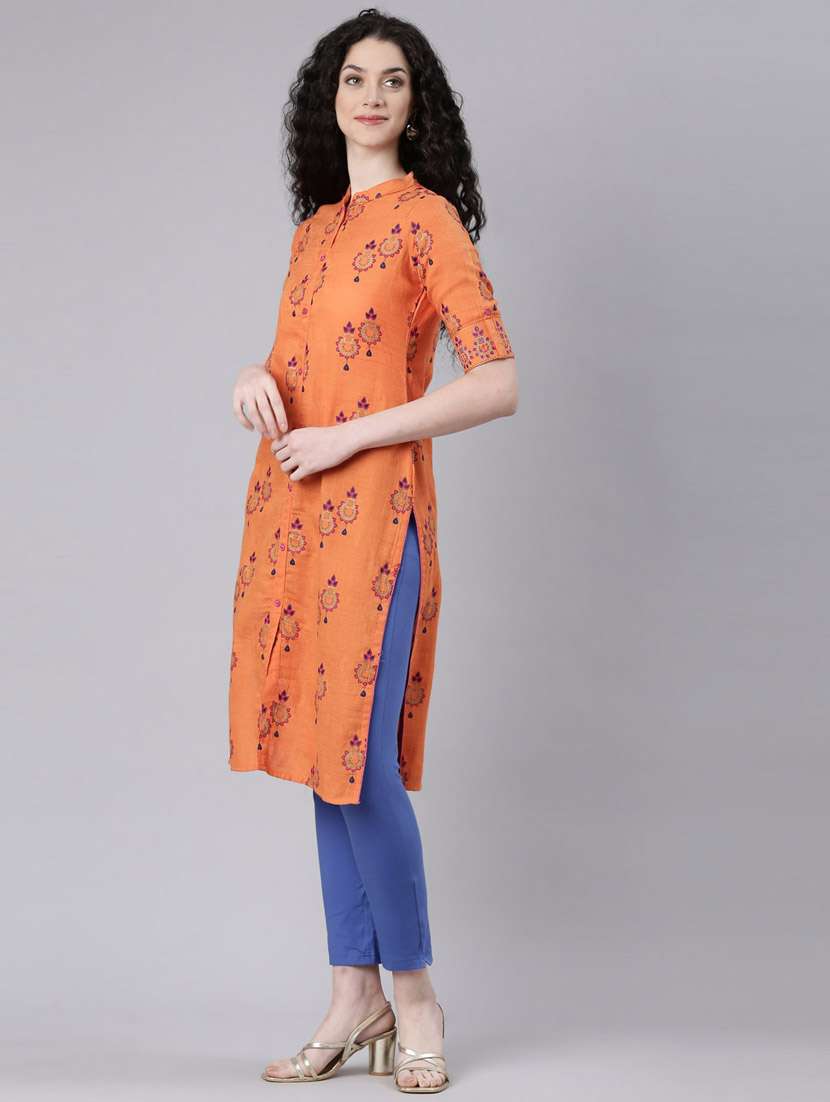 women orange printed three quarter sleeve straight kurta - 21728043 -  Standard Image - 1