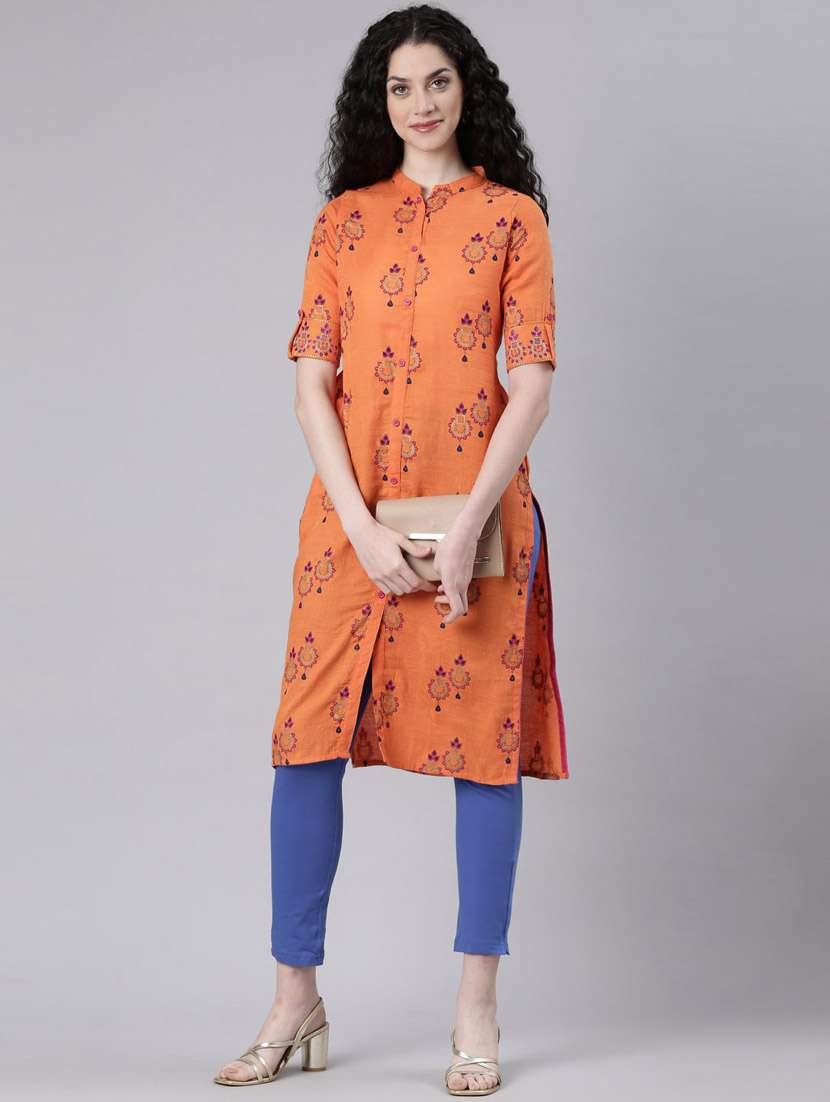 women orange printed three quarter sleeve straight kurta - 21728043 -  Standard Image - 4