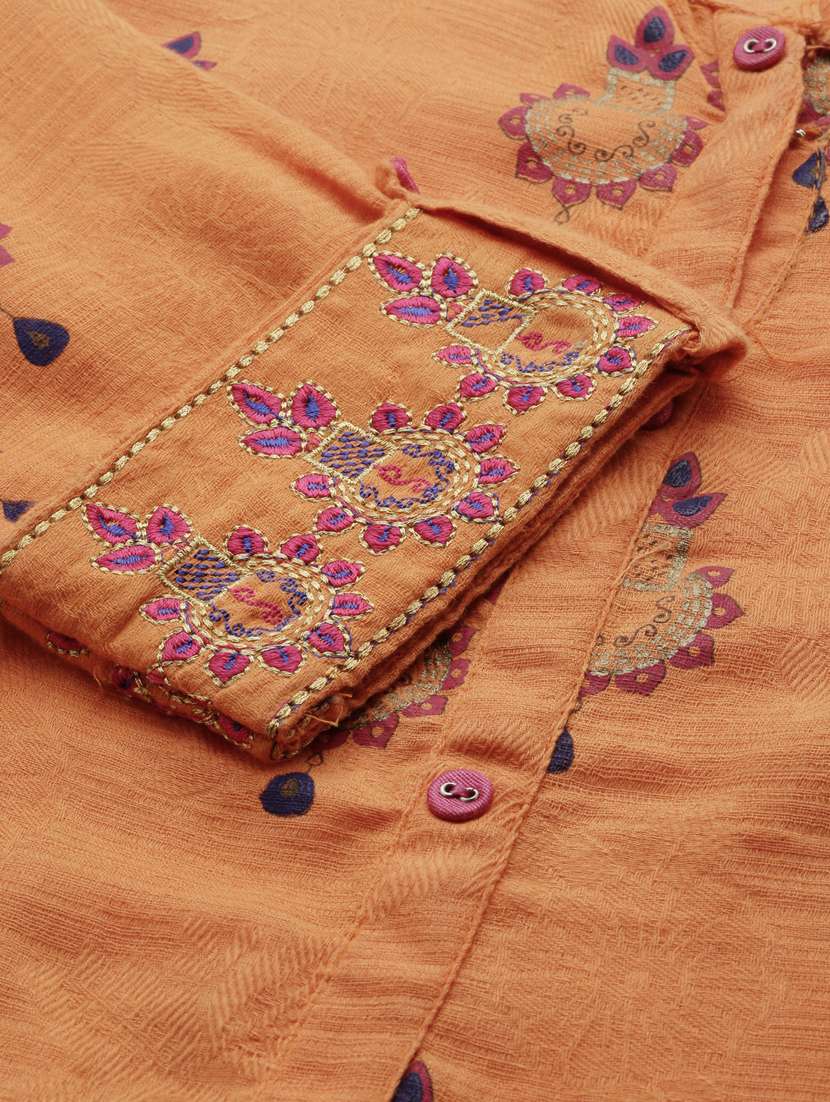 women orange printed three quarter sleeve straight kurta - 21728043 -  Standard Image - 6