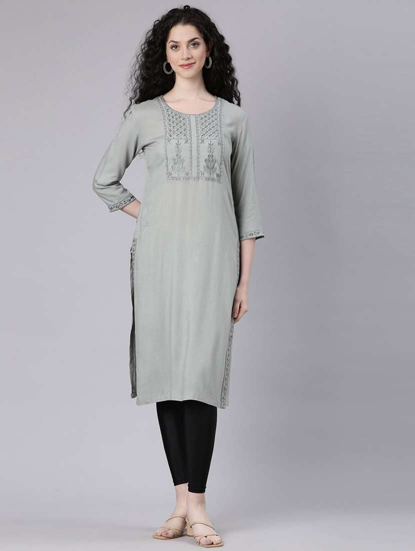 women embroidered three quarter sleeve straight kurta - 21728044 -  Standard Image - 1