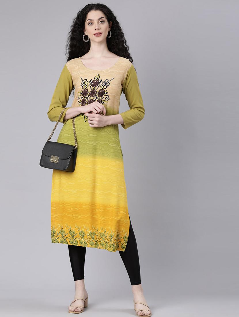women abstract printed three quarter sleeve straight kurta