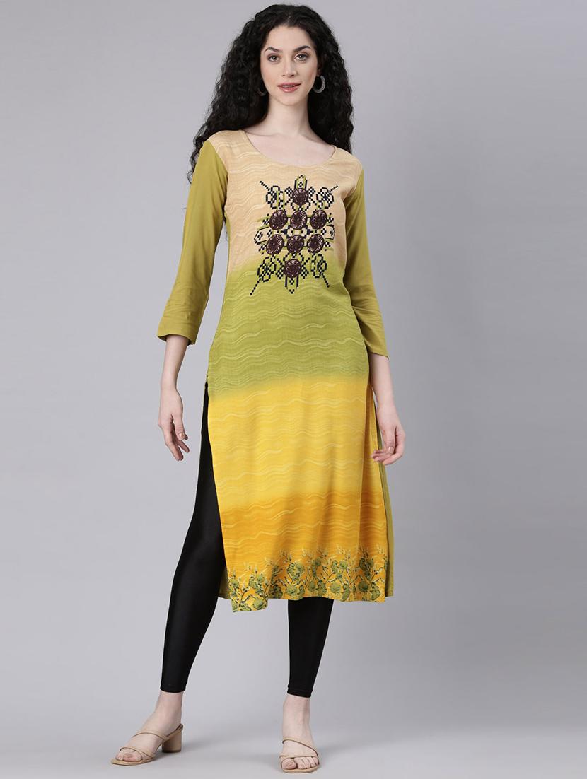 women abstract printed three quarter sleeve straight kurta - 21728045 -  Standard Image - 1