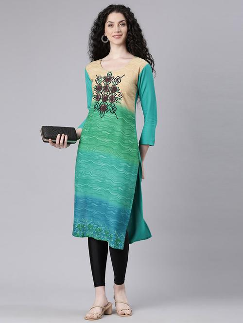 women abstract printed three quarter sleeve straight kurta - 21728046 -  Standard Image - 0
