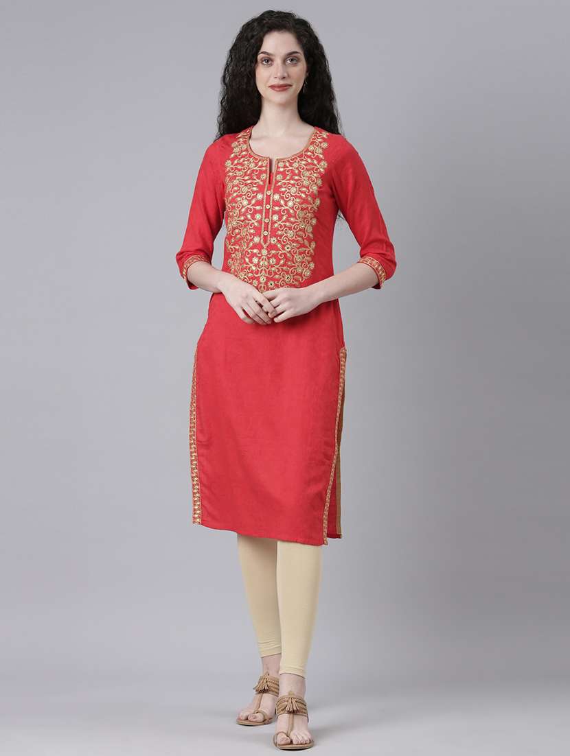 women embroidered three quarter sleeve straight kurta - 21728047 - Standard Image - 1