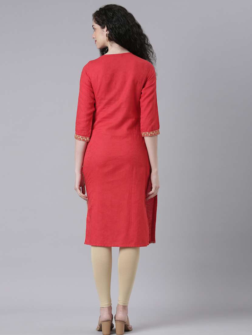 women embroidered three quarter sleeve straight kurta - 21728047 - Standard Image - 4