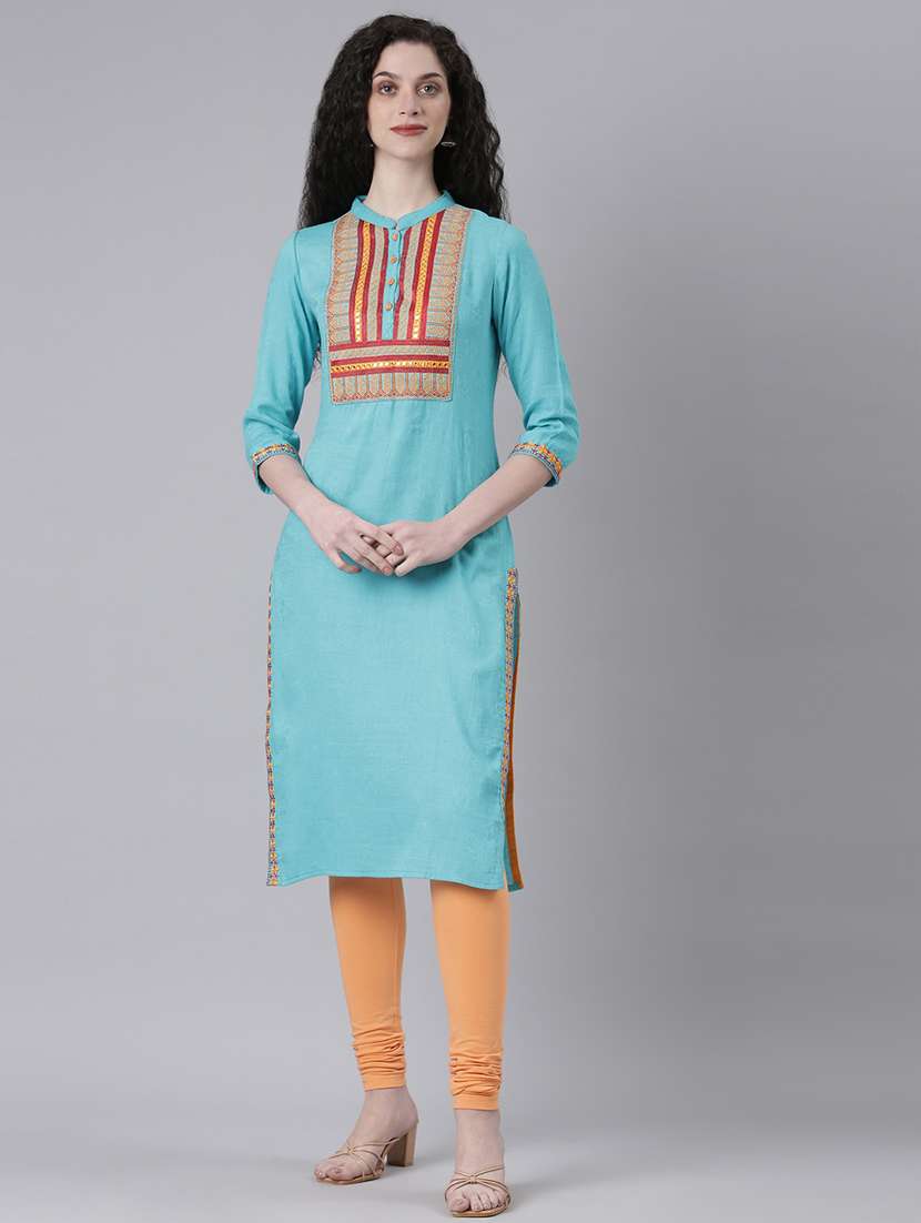 women embroidered three quarter sleeve straight kurta - 21728048 -  Standard Image - 1