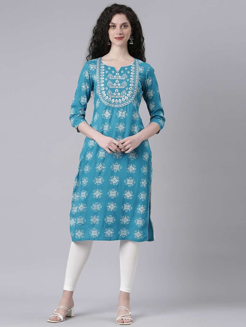 women printed three quarter sleeve straight kurta