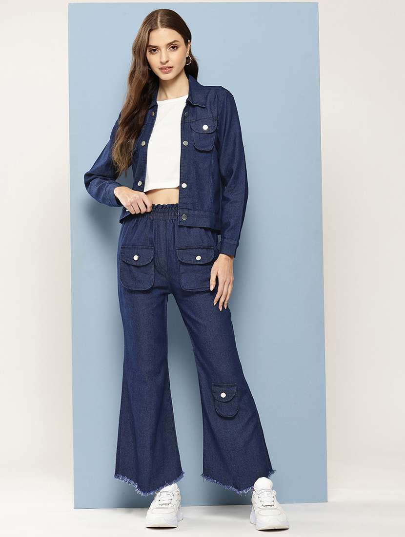 women solid crop top and jacket with jeans 