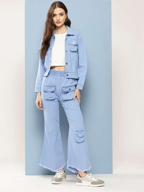 women solid crop top and jacket with jeans 