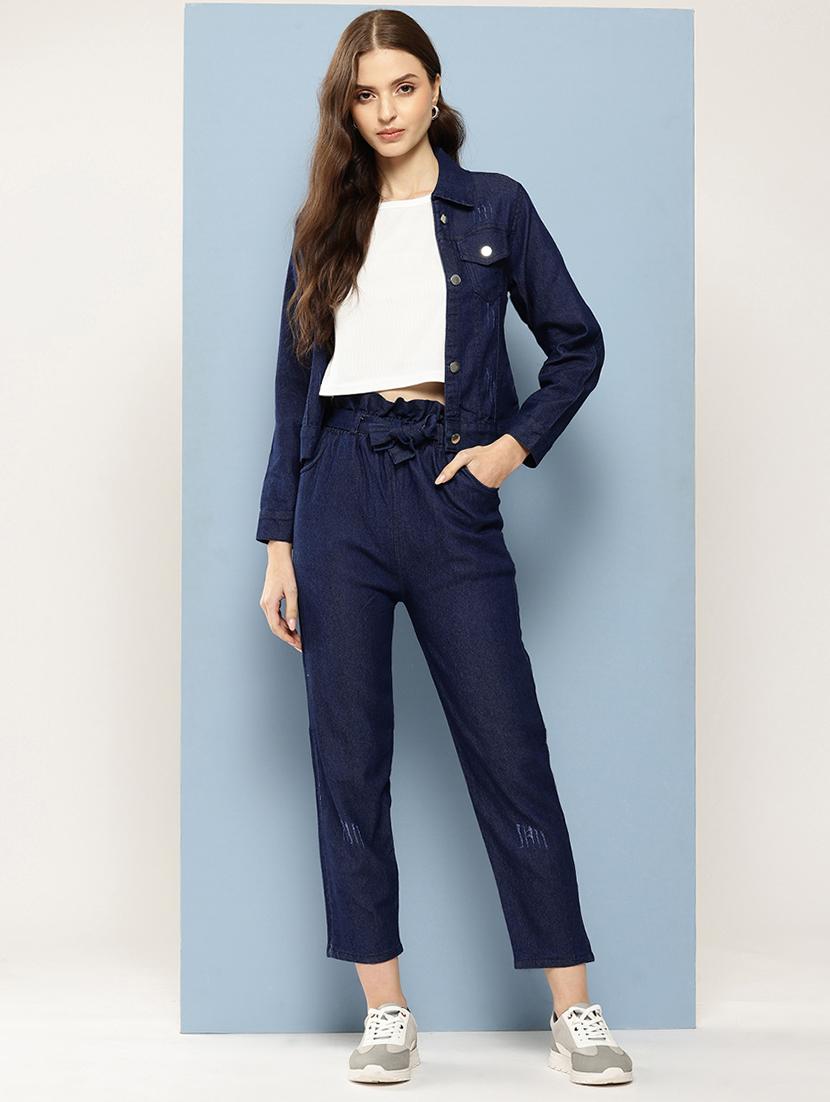women solid crop top and jacket with jeans - 21728109 - Zoom Image - 0