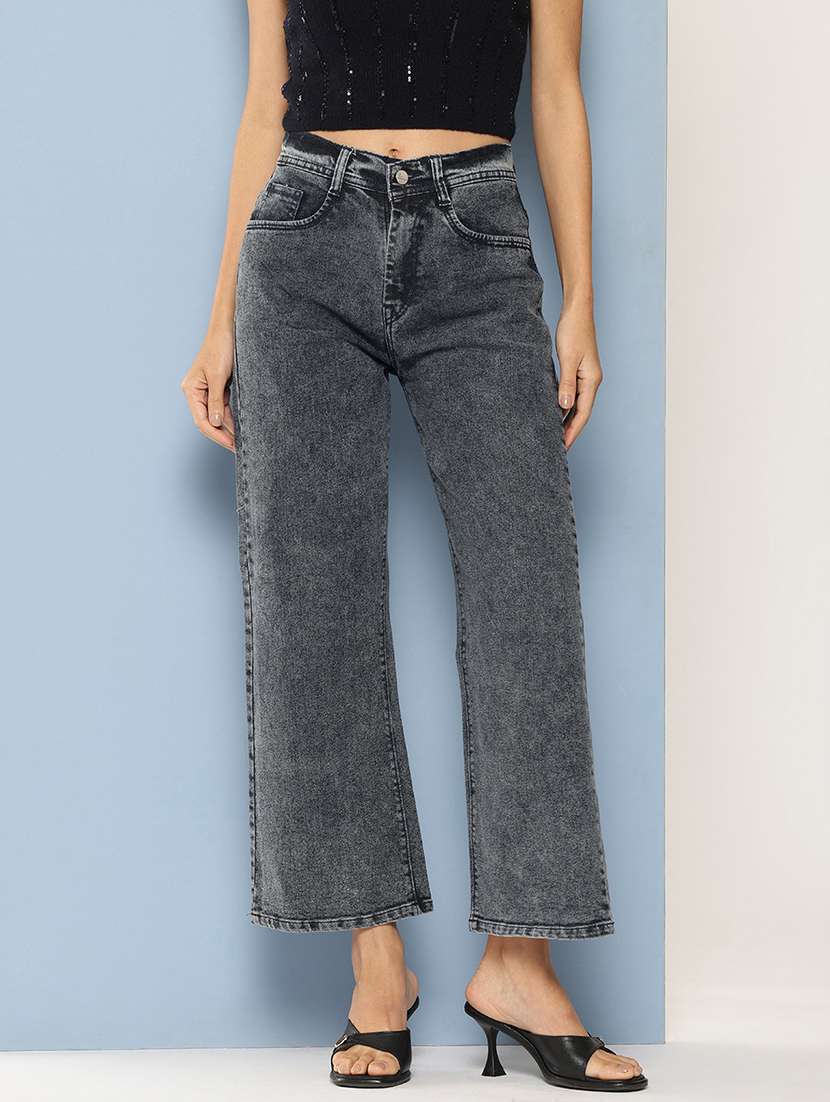 women solid high rise straight fit jean
