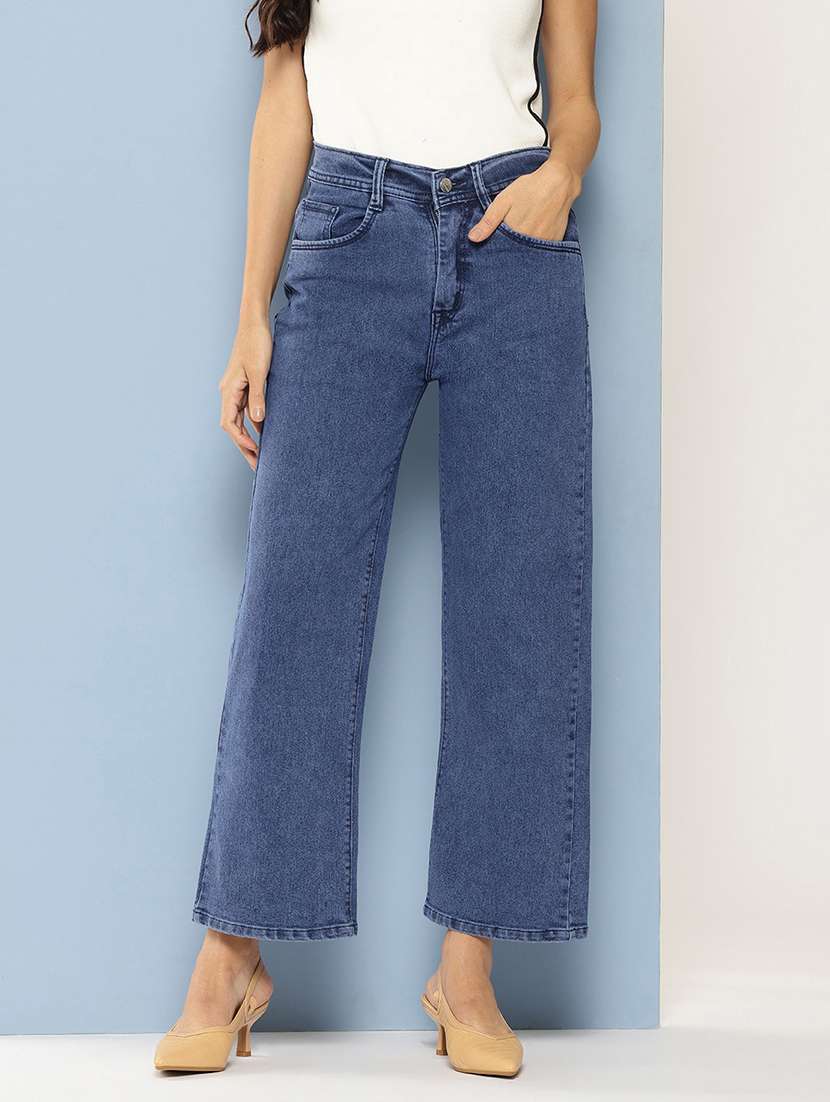 women solid high rise straight fit jean