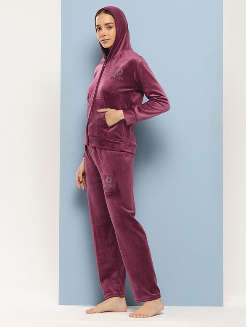 women solid hooded nightwear pyjama set - 21728119 -  Standard Image - 1