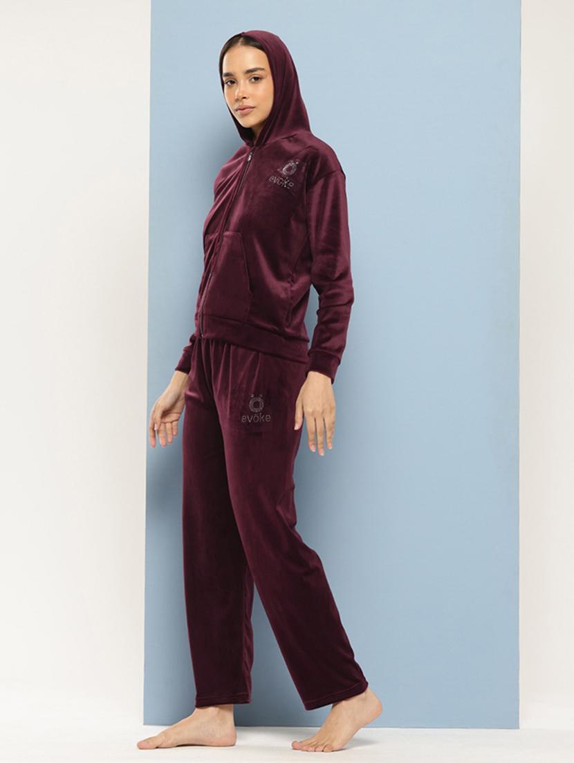 women solid hooded nightwear pyjama set - 21728120 -  Standard Image - 1