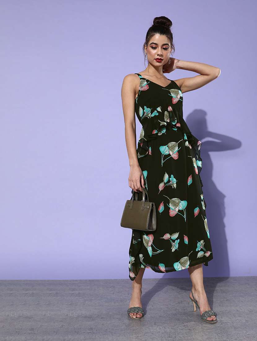 women floral print sleeveless ruffle dress
