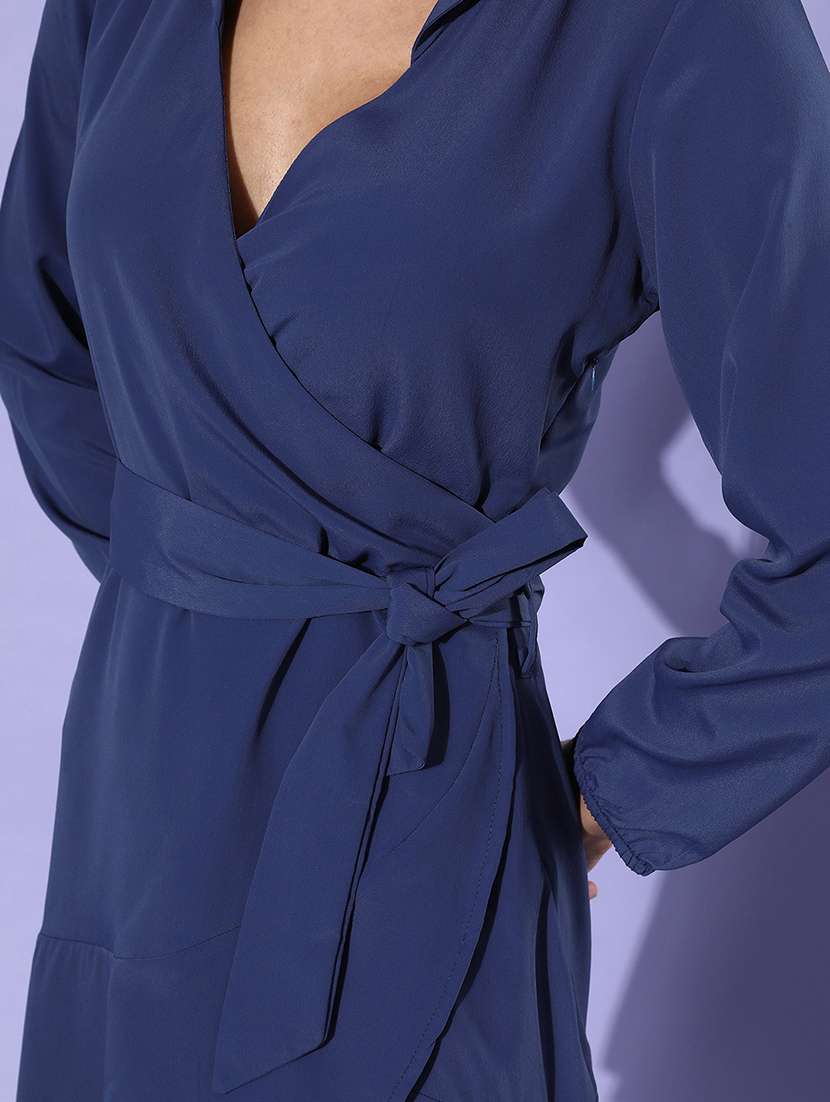 women solid puff sleeves wrap dress - 21728186 -  Standard Image - 4