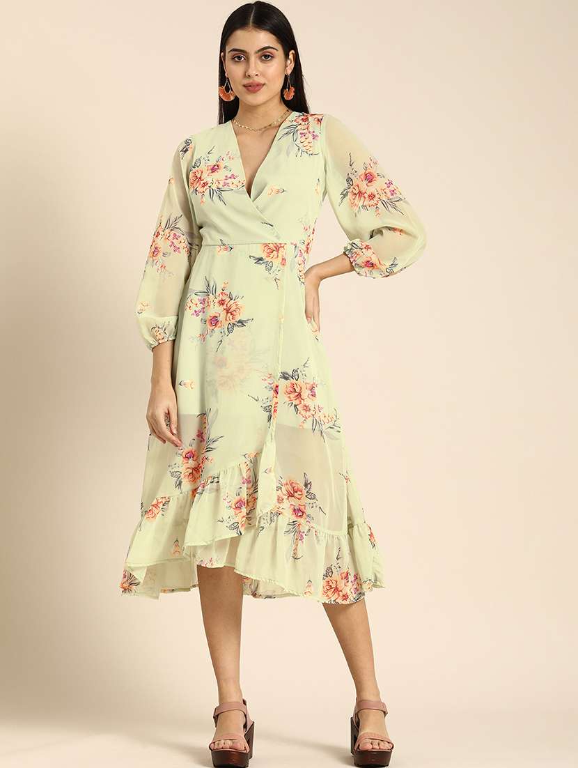 women floral print puff sleeves tiered dress