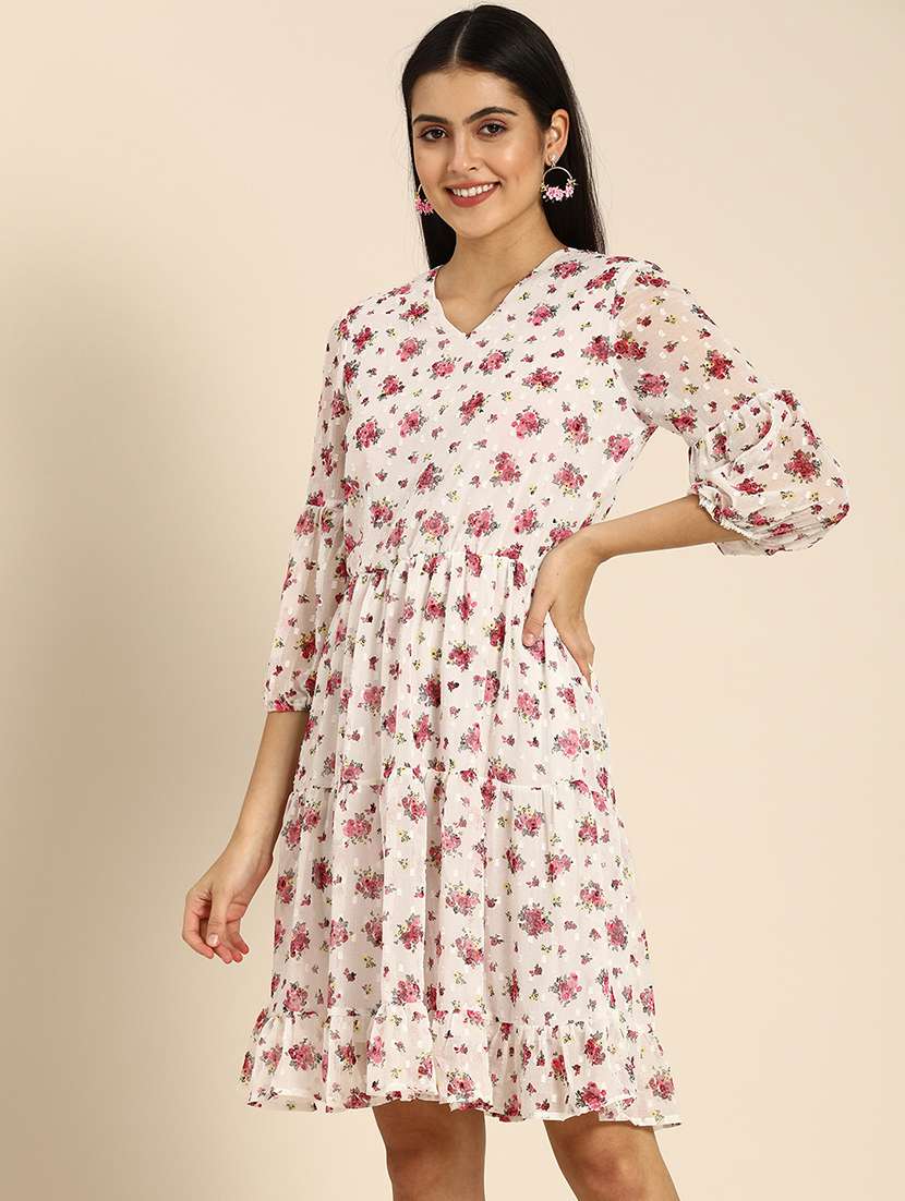 women floral print puff sleeves tiered dress - 21728205 -  Standard Image - 1