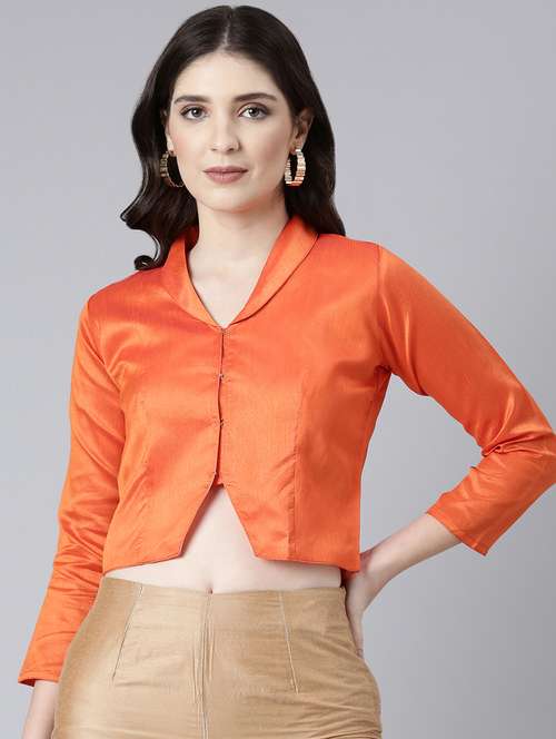 women orange solid lapel neck stitched blouse - 21728233 -  Standard Image - 0