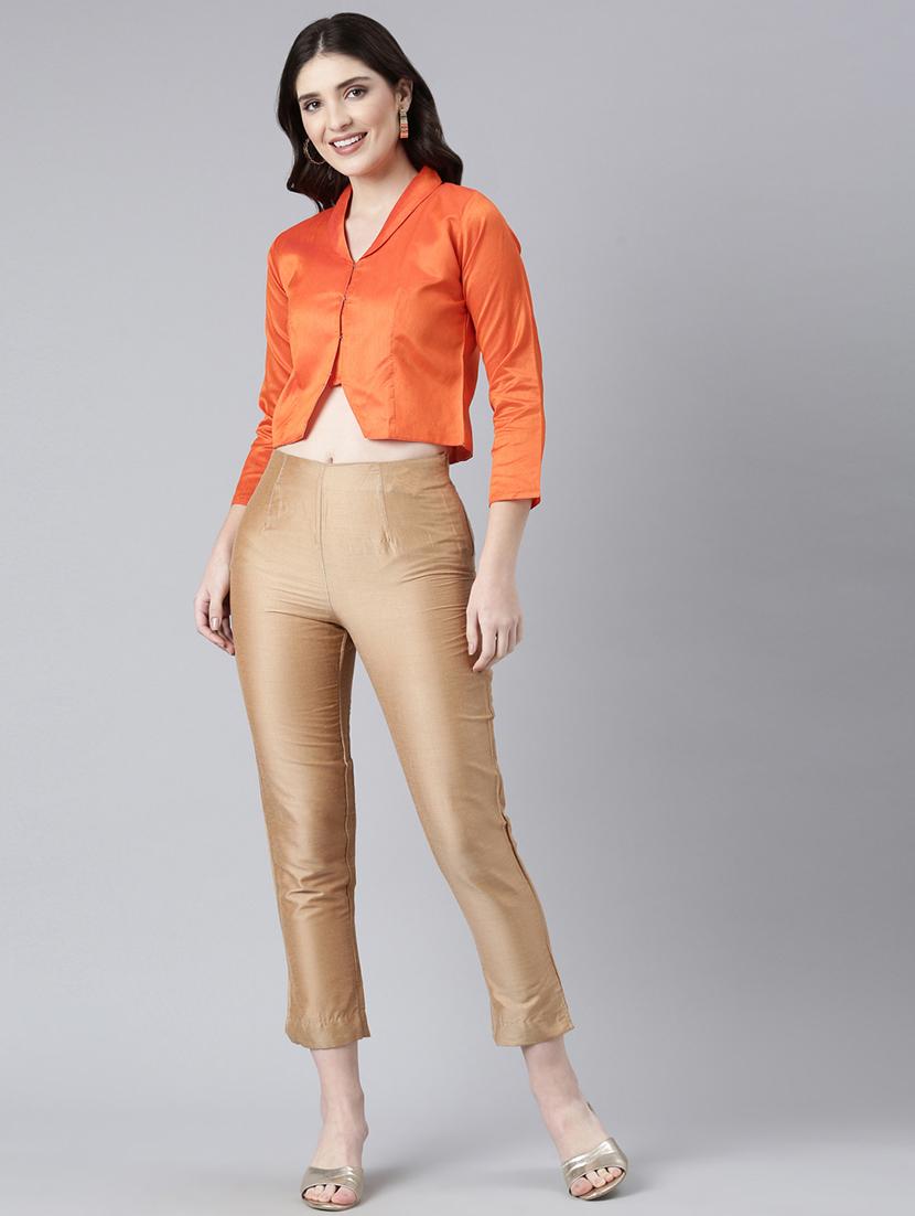 women orange solid lapel neck stitched blouse - 21728233 - Standard Image - 4